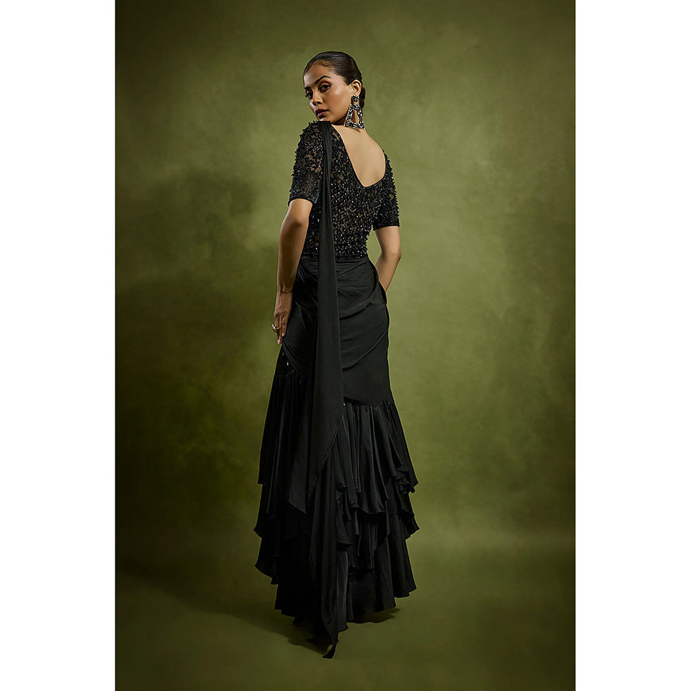 BABITA M Black Gilded Crystal Bodysuit Pre-draped Saree with Stitched Blouse