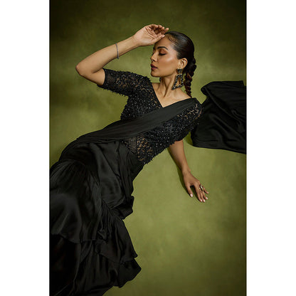 BABITA M Black Gilded Crystal Bodysuit Pre-draped Saree with Stitched Blouse