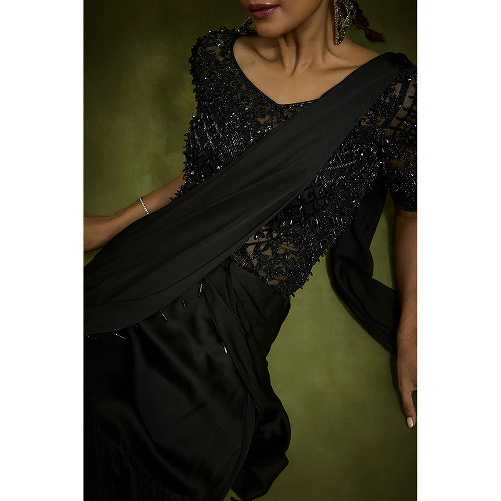 BABITA M Black Gilded Crystal Bodysuit Pre-draped Saree with Stitched Blouse