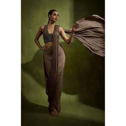 BABITA M Brown Draped Cowl Pre-draped Saree with Stitched Blouse