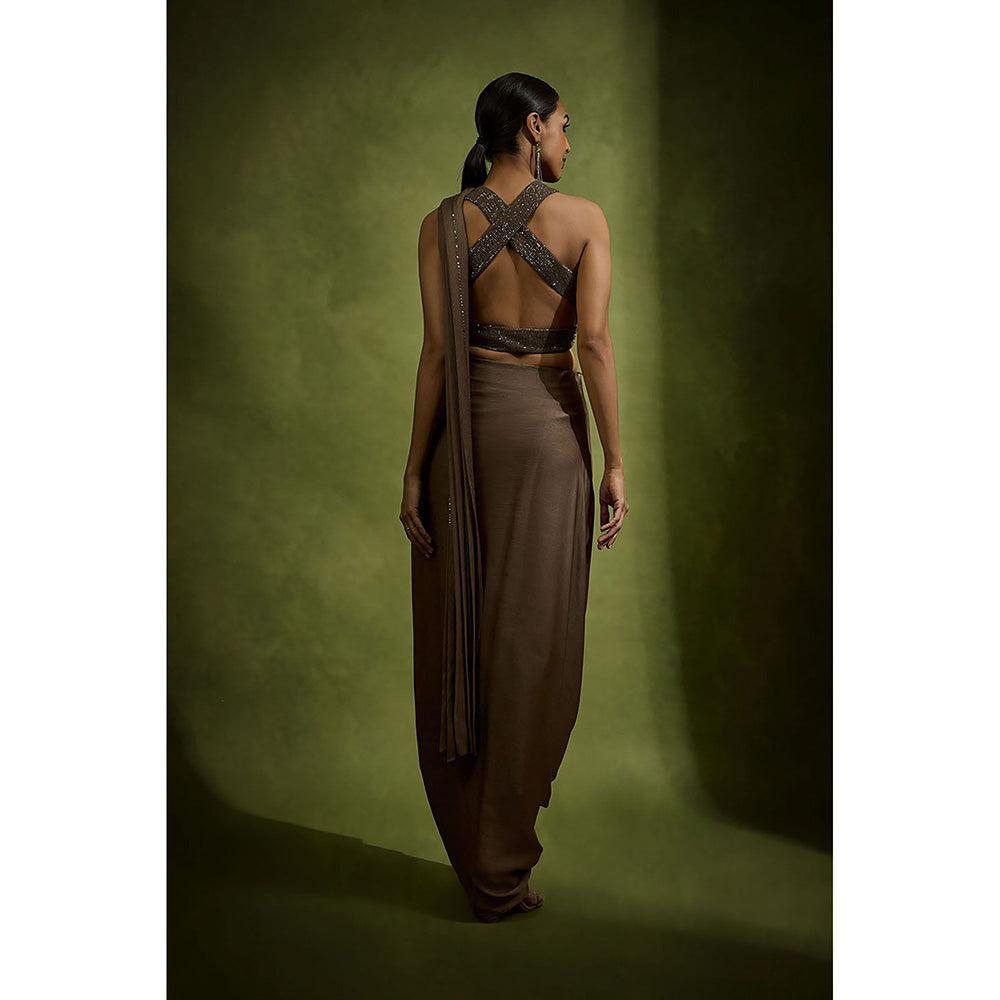 BABITA M Brown Draped Cowl Pre-draped Saree with Stitched Blouse