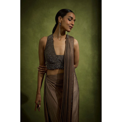 BABITA M Brown Draped Cowl Pre-draped Saree with Stitched Blouse