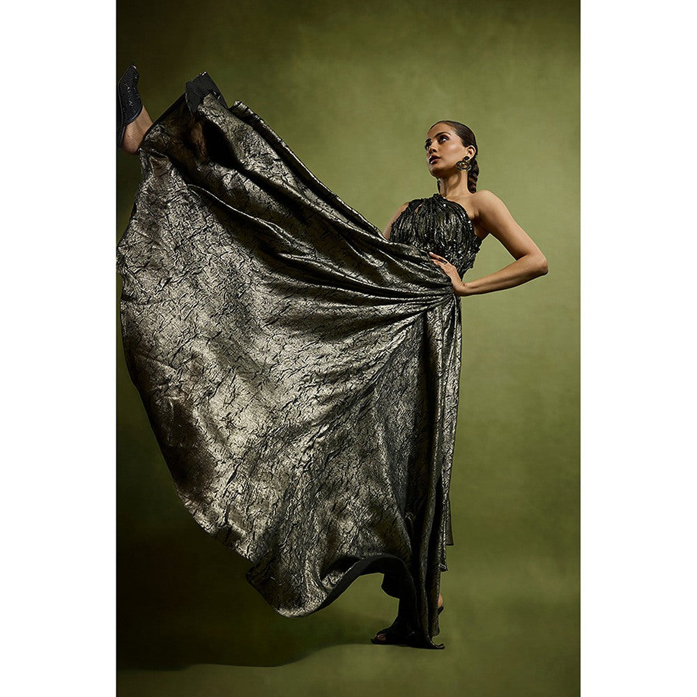 BABITA M Black One Shoulder Drape Metallic Jumpsuit