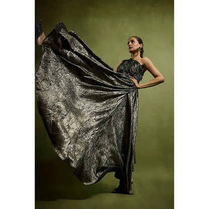 BABITA M Black One Shoulder Drape Metallic Jumpsuit