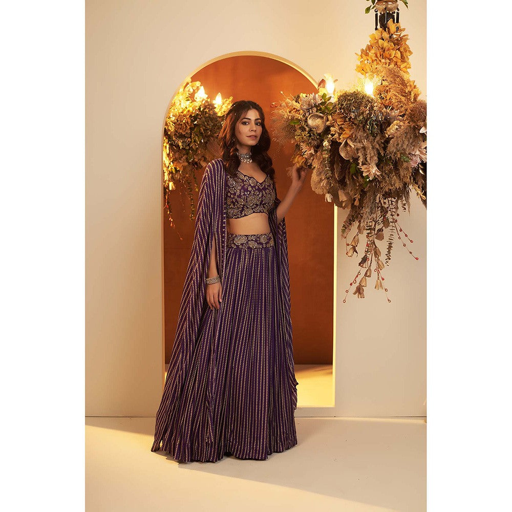 Baidehi Deep Purple Embellished Blouse with Cape and Lehenga (Set of 3)
