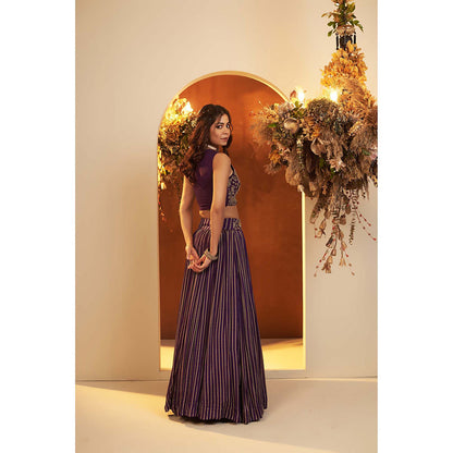 Baidehi Deep Purple Embellished Blouse with Cape and Lehenga (Set of 3)
