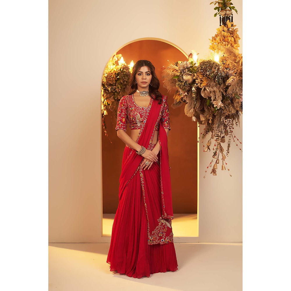 Baidehi Deep Red Attached Draped Lehenga with Embroidered Blouse (Set of 2)