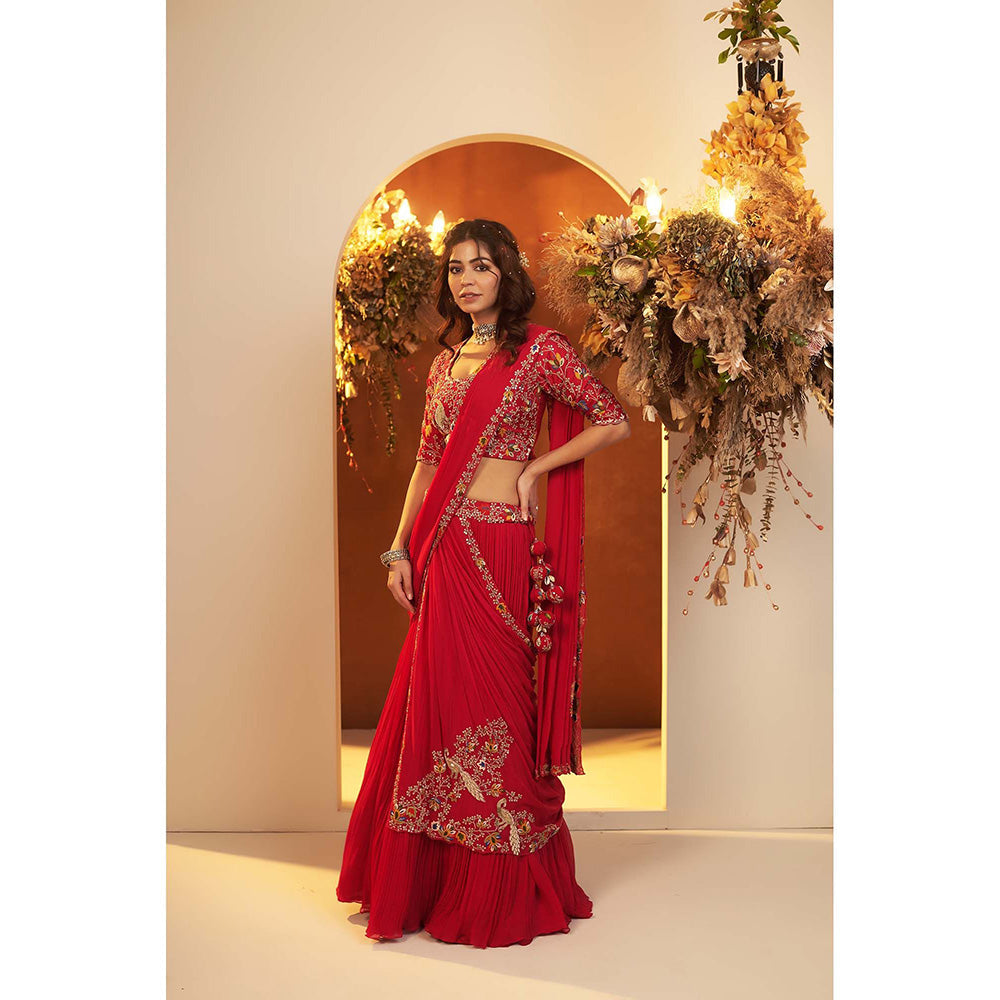 Baidehi Deep Red Attached Draped Lehenga with Embroidered Blouse (Set of 2)