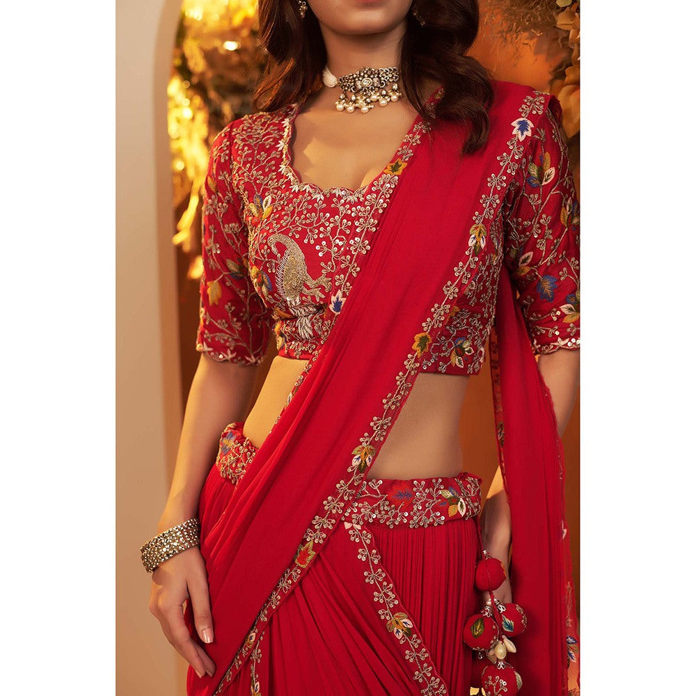 Baidehi Deep Red Attached Draped Lehenga with Embroidered Blouse (Set of 2)