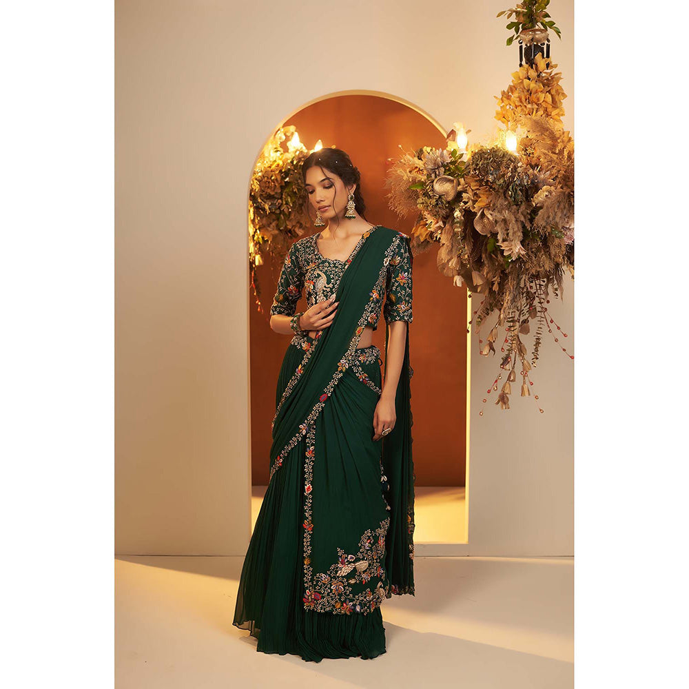 Baidehi Emerald Green Attached Draped Lehenga with Embroidered Blouse (Set of 2)