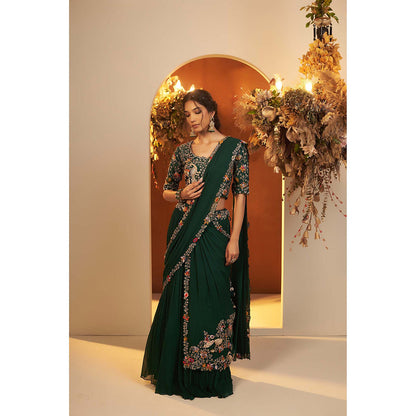 Baidehi Emerald Green Attached Draped Lehenga with Embroidered Blouse (Set of 2)