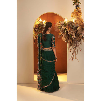 Baidehi Emerald Green Attached Draped Lehenga with Embroidered Blouse (Set of 2)