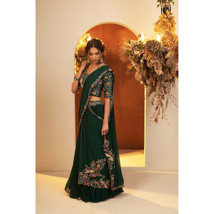 Baidehi Emerald Green Attached Draped Lehenga with Embroidered Blouse (Set of 2)