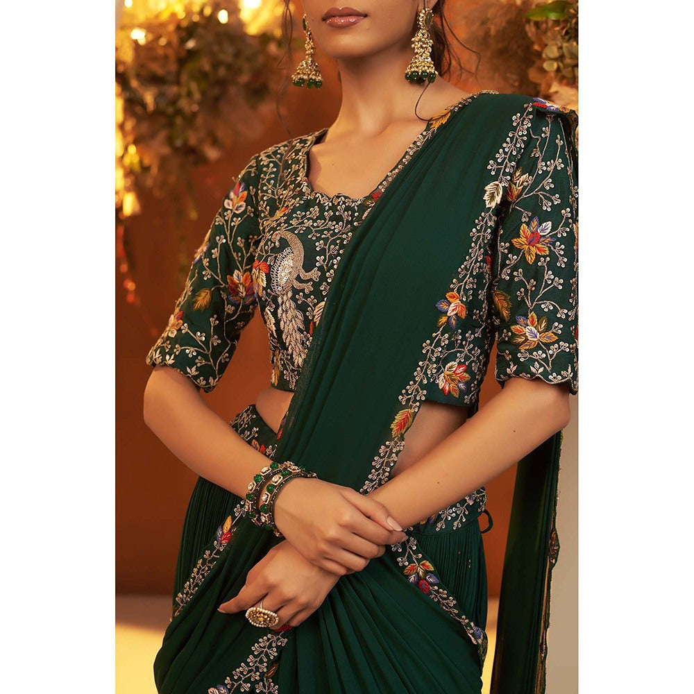 Baidehi Emerald Green Attached Draped Lehenga with Embroidered Blouse (Set of 2)