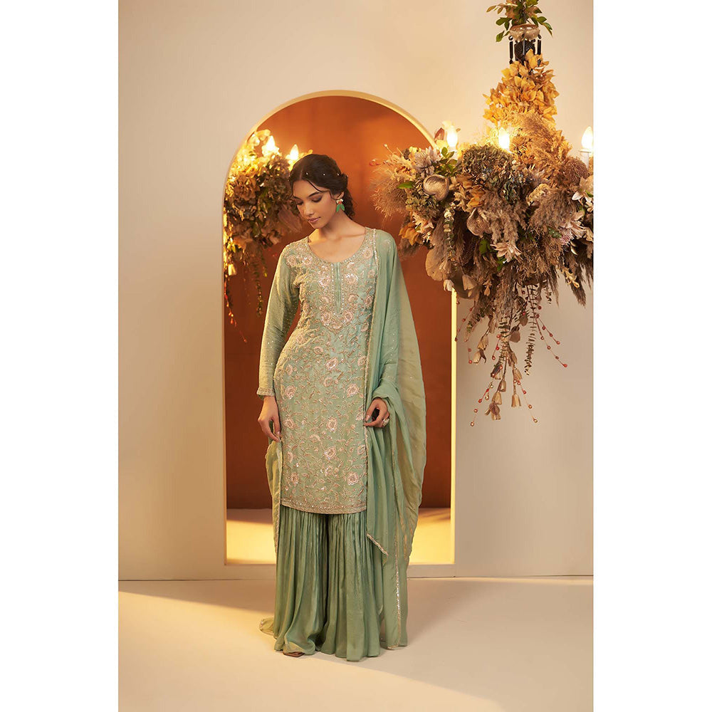 Baidehi Mint Green Embroidere Kurta with Sharara and Dupatta (Set of 3)