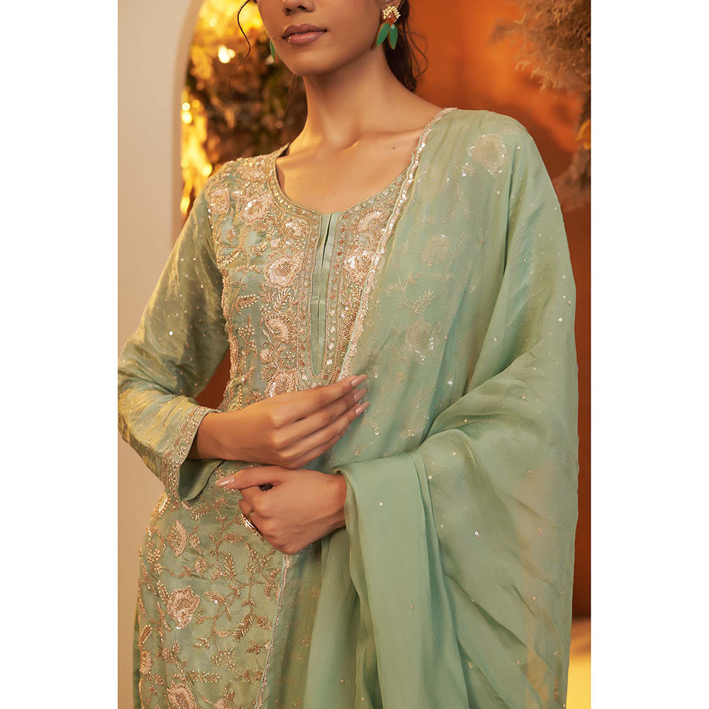 Baidehi Mint Green Embroidere Kurta with Sharara and Dupatta (Set of 3)