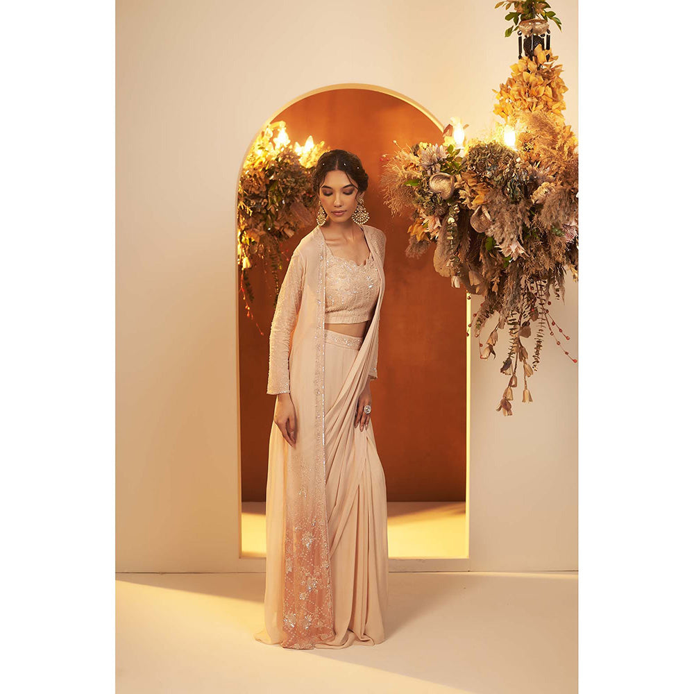 Baidehi Soft Beige Draped Saree with Ombre Jacket and Blouse