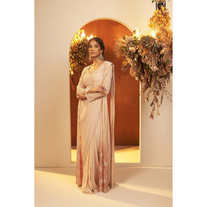 Baidehi Soft Beige Draped Saree with Ombre Jacket and Blouse