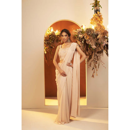 Baidehi Soft Beige Draped Saree with Ombre Jacket and Blouse