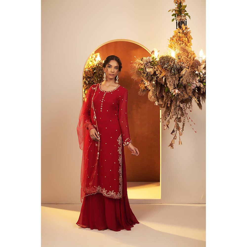 Baidehi Deep Red Embellished Kurta with Sharara and Dupatta (Set of 3)