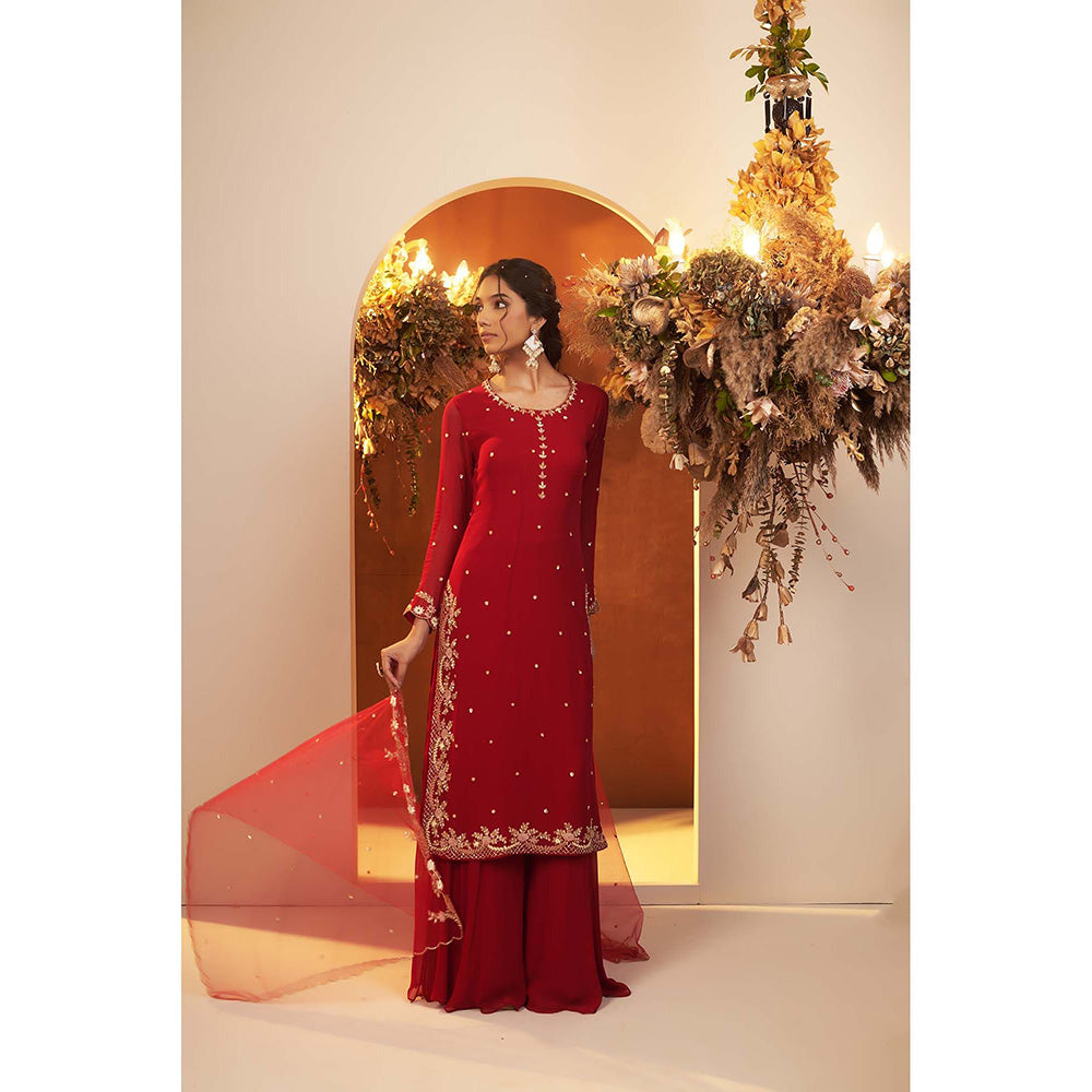 Baidehi Deep Red Embellished Kurta with Sharara and Dupatta (Set of 3)