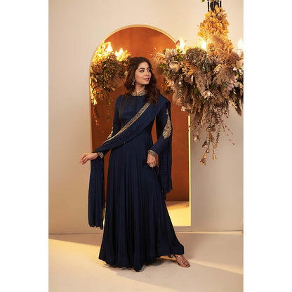 Baidehi Deep Navy Blue Embroidered Anarkali Kurta with Dupatta (Set of 2)