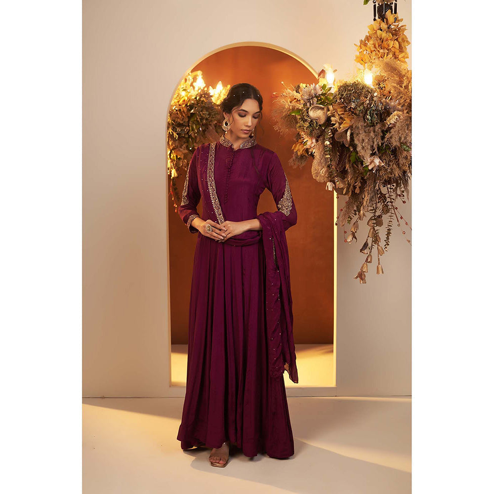 Baidehi Wine Embroidered Anarkali Kurta with Dupatta (Set of 2)