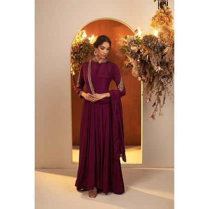 Baidehi Wine Embroidered Anarkali Kurta with Dupatta (Set of 2)