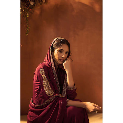 Baidehi Wine Embroidered Anarkali Kurta with Dupatta (Set of 2)