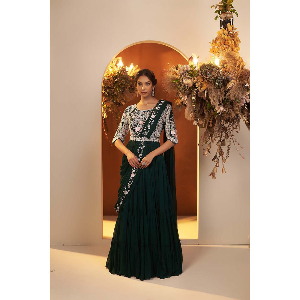 Baidehi Emerald Green Embroidered Draped Gown with Belt (Set of 2)