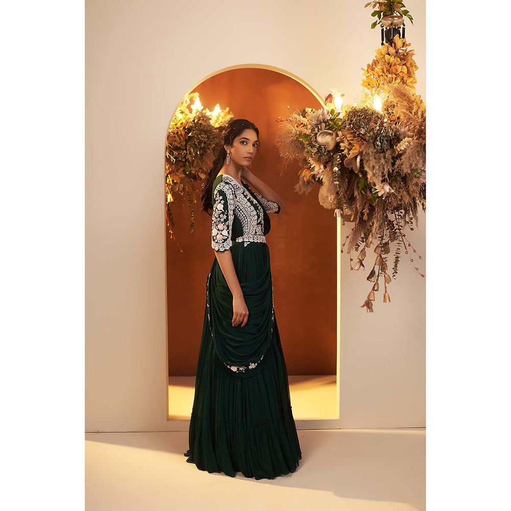 Baidehi Emerald Green Embroidered Draped Gown with Belt (Set of 2)