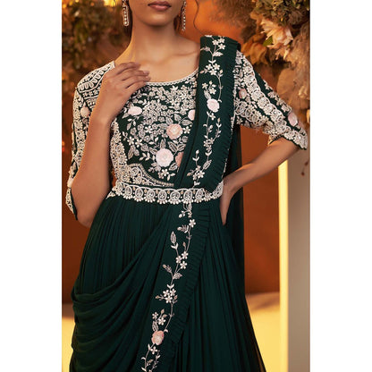Baidehi Emerald Green Embroidered Draped Gown with Belt (Set of 2)