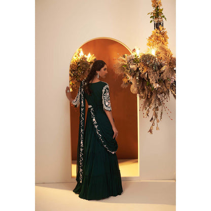 Baidehi Emerald Green Embroidered Draped Gown with Belt (Set of 2)