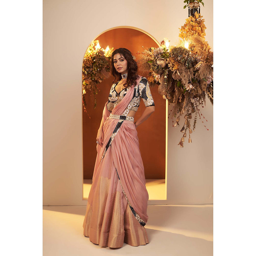 Baidehi Pearl Pink Blouse with Attached Drape Lehenga and Belt (Set of 4)