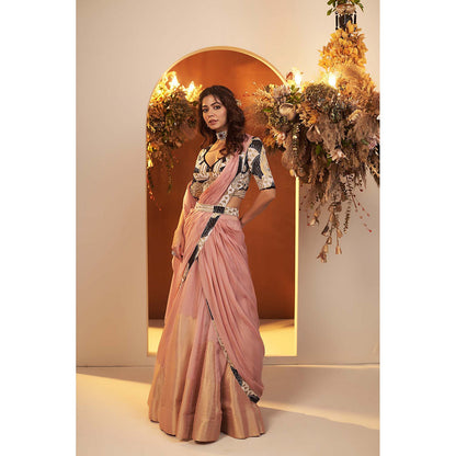 Baidehi Pearl Pink Blouse with Attached Drape Lehenga and Belt (Set of 4)