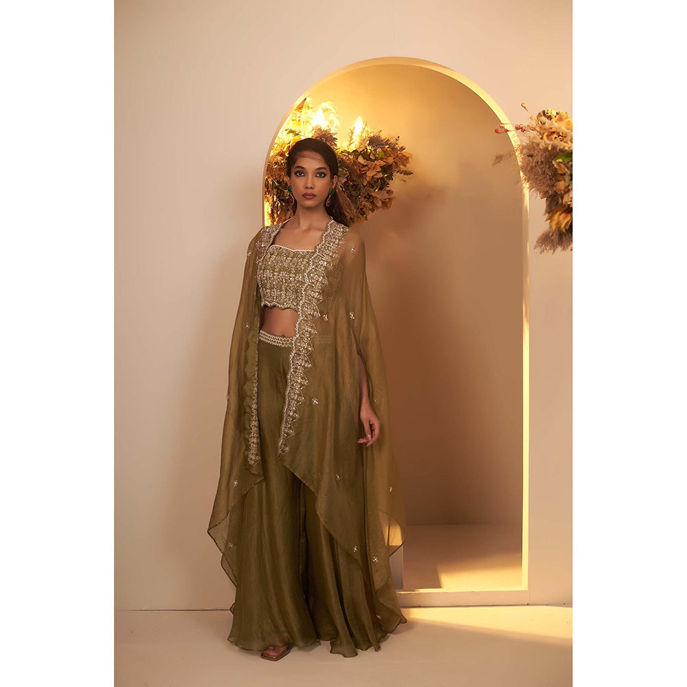 Baidehi Sage Green Embellished Blouse with Palazzo and Jacket (Set of 3)