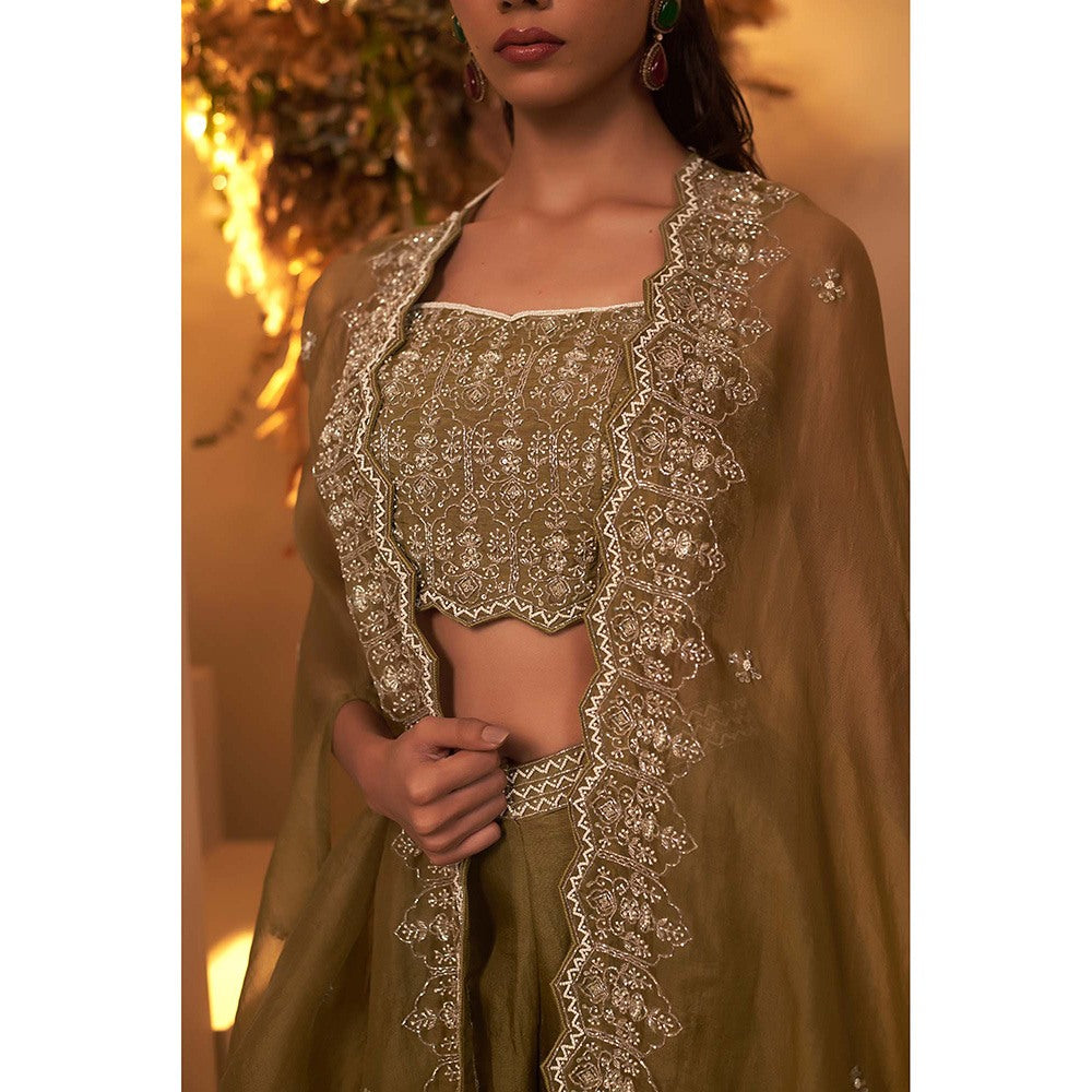 Baidehi Sage Green Embellished Blouse with Palazzo and Jacket (Set of 3)