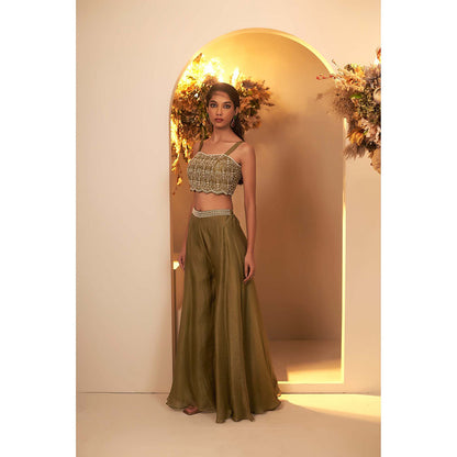 Baidehi Sage Green Embellished Blouse with Palazzo and Jacket (Set of 3)