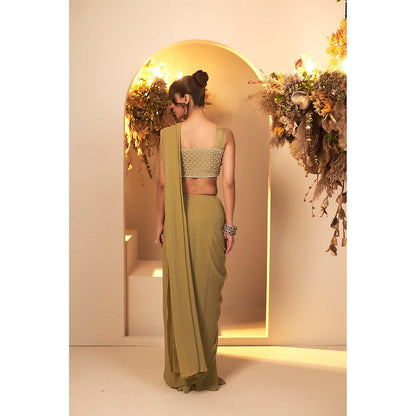 Baidehi Sage Green Draped Saree with Stitched Blouse