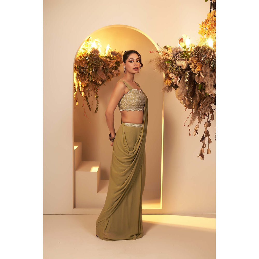 Baidehi Sage Green Draped Saree with Stitched Blouse