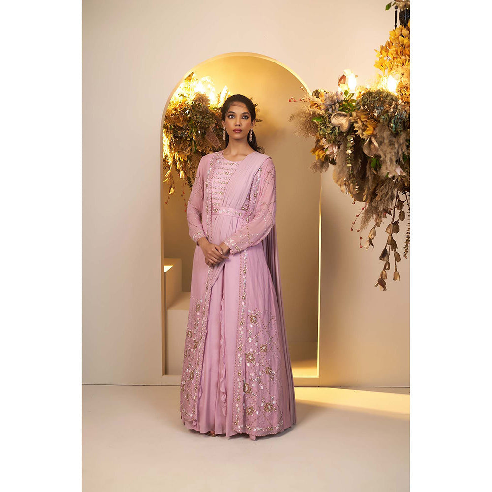 Baidehi Pink Embellished Attached Drape Gown with Belt and Jacket (Set of 3)