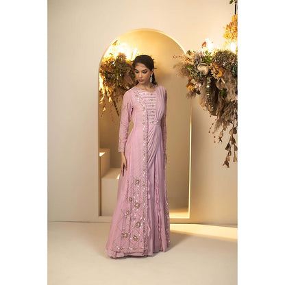 Baidehi Pink Embellished Attached Drape Gown with Belt and Jacket (Set of 3)