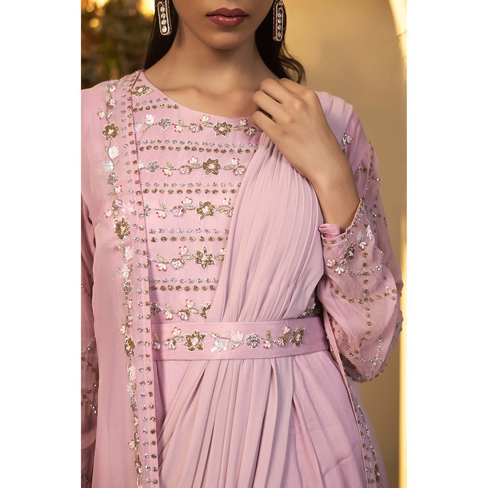 Baidehi Pink Embellished Attached Drape Gown with Belt and Jacket (Set of 3)