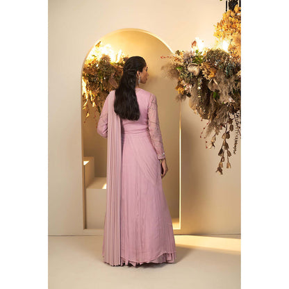 Baidehi Pink Embellished Attached Drape Gown with Belt and Jacket (Set of 3)