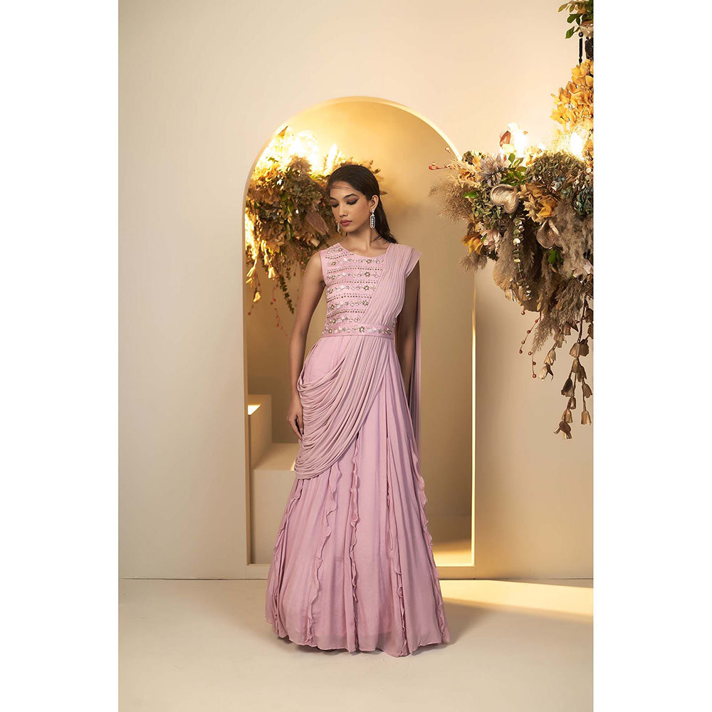 Baidehi Pink Embellished Attached Drape Gown with Belt and Jacket (Set of 3)