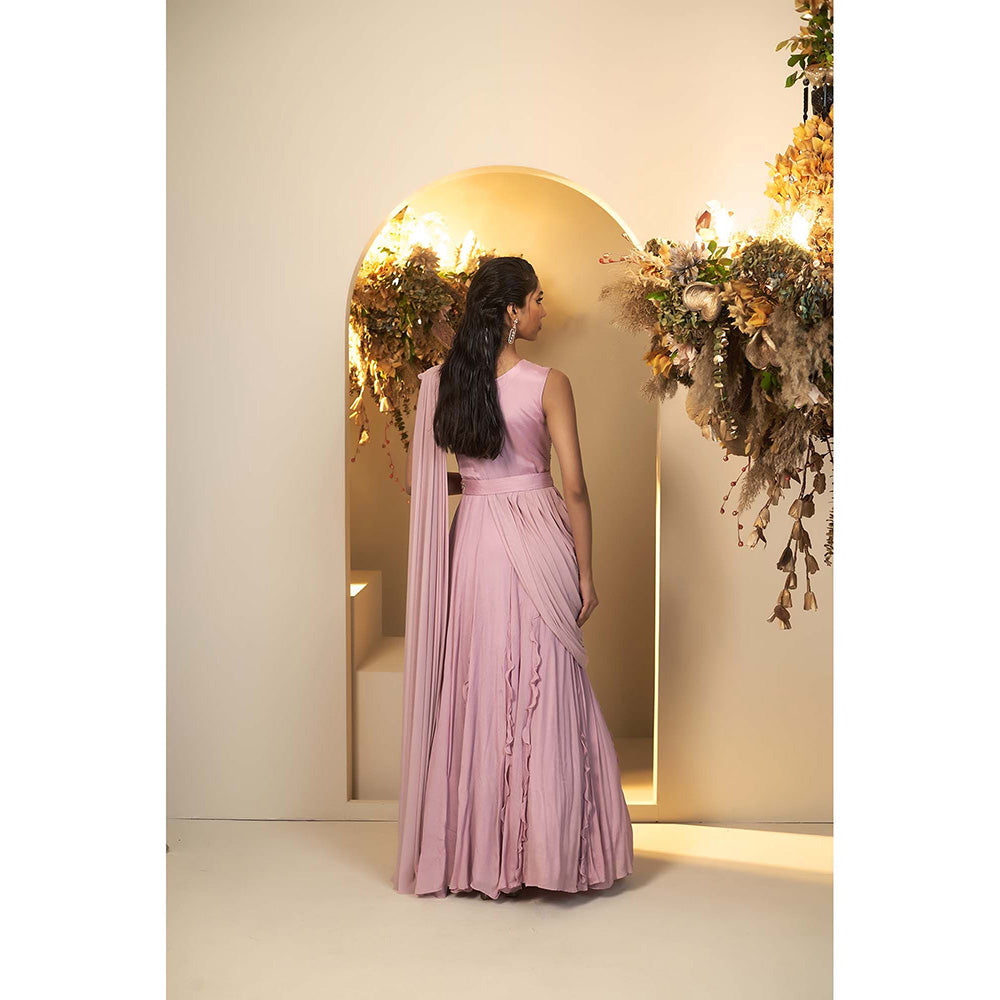 Baidehi Pink Embellished Attached Drape Gown with Belt and Jacket (Set of 3)