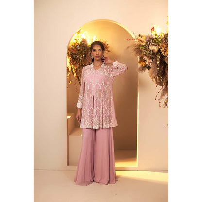 Baidehi Pink Long Peplum Kurta with Palazzo and Bustier (Set of 3)