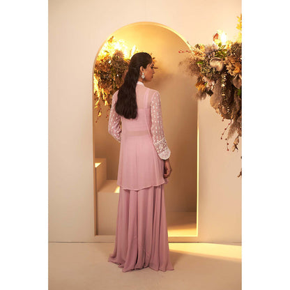 Baidehi Pink Long Peplum Kurta with Palazzo and Bustier (Set of 3)