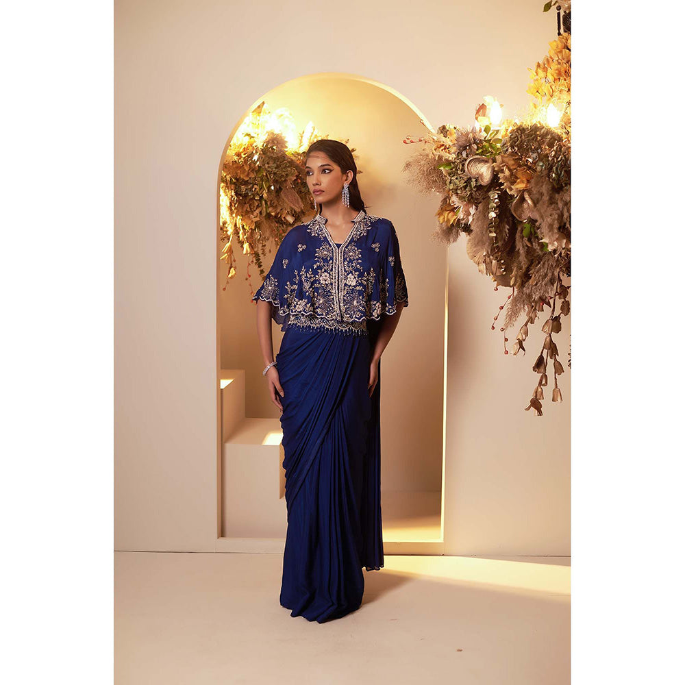 Baidehi Navy Blue Pre-Drape Saree with Stitched Blouse and Cape