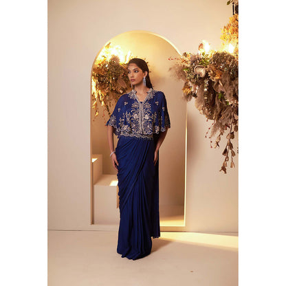 Baidehi Navy Blue Pre-Drape Saree with Stitched Blouse and Cape